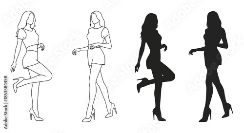 Four variations of a woman s pose from outline to bold black silhouette