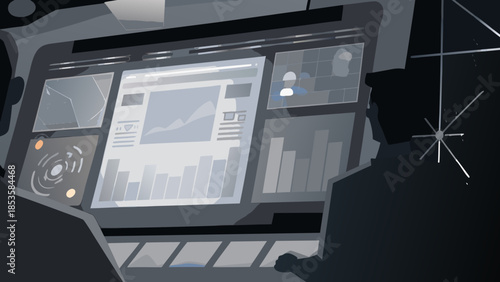 A view of a spaceship control panel with various data displays and a star map projection on the right side
