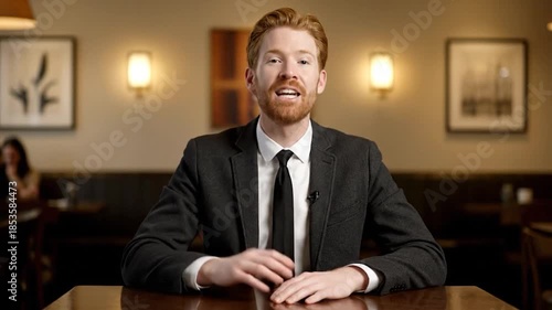 Ginger-haired man in a dark suit gestures while speaking, framed by warm restaurant lighting
