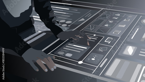 Person interacting with a large interactive display showing various icons and data visualizations