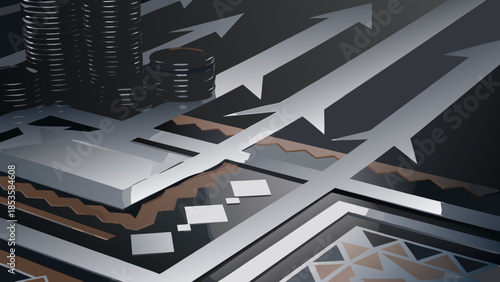 Illustration showing stacks of coins with upward arrows and geometric patterns on a dark background