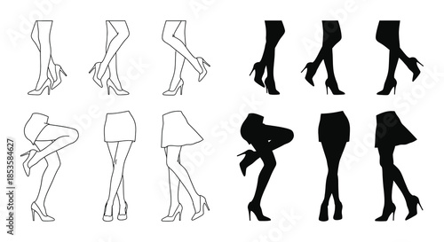 A collection of various female leg and hip outlines some with shoes presented as a silhouette