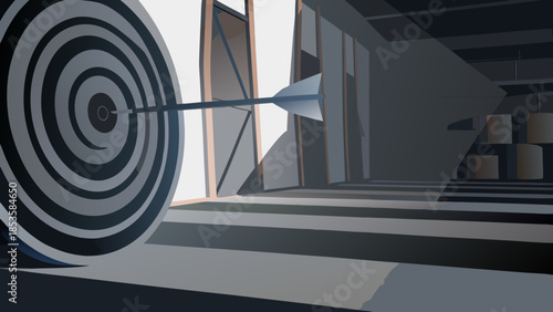 Arrow hitting bullseye on target in bright room with stacked boxes and open doorway, aiming concept