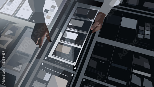 Overhead shot of hands manipulating documents on a table with various layouts and designs shown on them