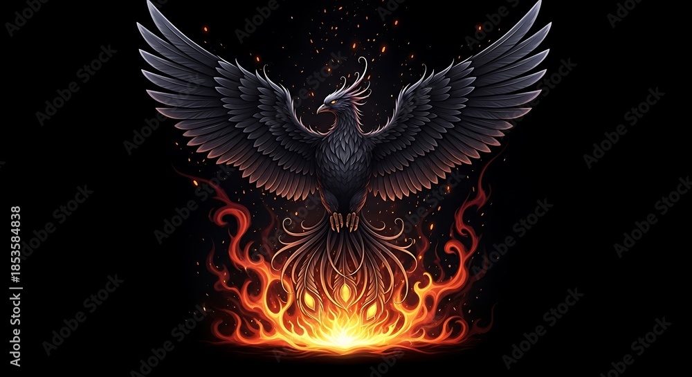 Fototapeta premium Phoenix Rising from Flames with Wings.