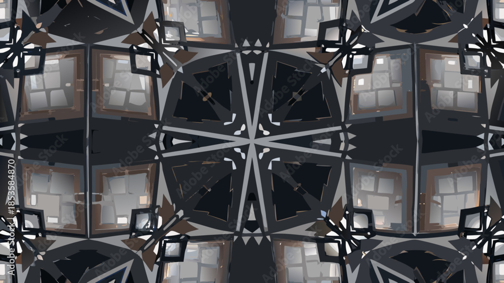 Fototapeta premium Abstract kaleidoscopic pattern featuring geometric shapes and window like structures in grayscale tone