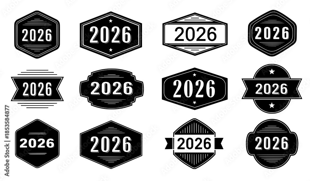 Obraz premium Black and white 2026 New Year badge and emblem vector logo collection