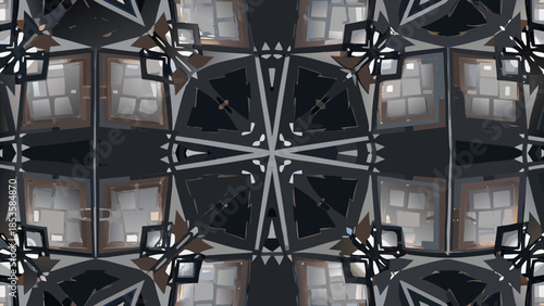 Abstract kaleidoscopic pattern featuring geometric shapes and window like structures in grayscale tone