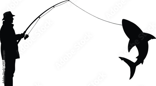 Fishing silhouette with shark, dramatic catch scene, black and white illustration, outdoor adventure art, strength and motion, humorous exaggeration