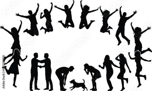 Jumping silhouette circle, human interaction art, joyful poses, dog and people, black and white illustration, celebration, emotion, activity, unity