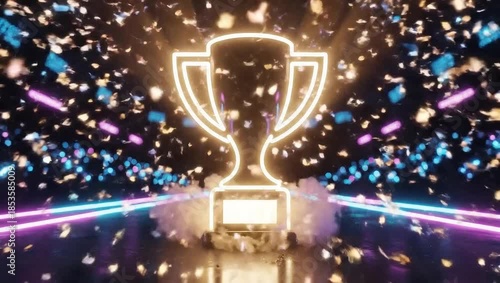 Neon Trophy Celebration with Confetti and Smoke.
