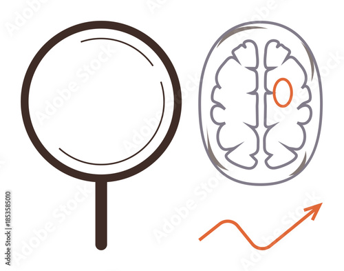 Magnifying glass examines brain diagram with spotlight on key area, growth chart indicates progress. Ideal for neuroscience, research, focus, discovery, growth, innovation education. Simple flat