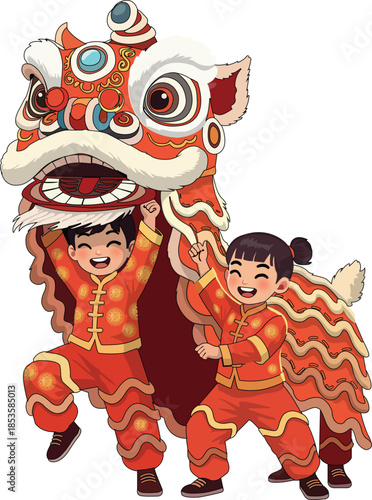 Children Performing Lion Dance for Chinese Lunar New Year