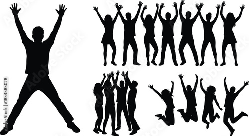 Jumping silhouette group, celebration pose, expressive people art, black and white motion, unity concept, dynamic energy, joyful movement illustration