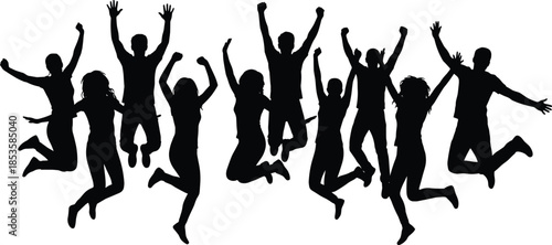 Jumping silhouette group, joyful celebration pose, expressive people art, black and white illustration, unity in motion, dynamic activity concept