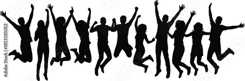 Jumping silhouette group, joyful celebration pose, expressive people art, black and white illustration, unity in motion, energetic activity concept