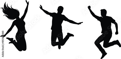 Jumping silhouette trio, expressive motion pose, joyful energy art, black and white illustration, dynamic people scene, celebration activity concept