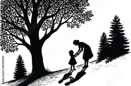 Mother child silhouette, nature bonding moment, emotional outdoor scene, tree shadow art, black and white illustration, peaceful environment, guidance pose