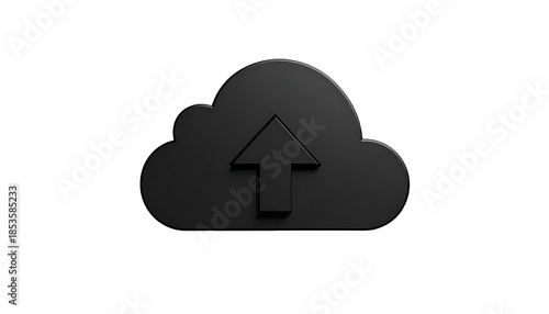 A matte, dark gray cloud icon with an upward arrow on a stark black background
