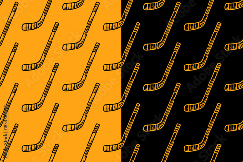 Hockey stick gear engraving seamless pattern on yellow black background set for sport merchandise. Ice hockey bat hatching pattern background. Hockey equipment line art motif. Vector Illustration