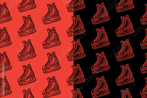 Ice hockey skates engraving seamless pattern on red black background set for sport merchandise. Ice skating boots hatching pattern background. Ice hockey footwear line art illustration motif wallpaper