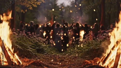 Mystical Ritual in Forest with Bonfires and Sparks.