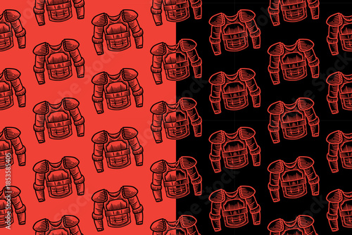 Hockey body armor engraving seamless pattern on red black background set for sport merchandise. Hockey chest protector hatching pattern background. Hockey shoulder pads line art motif wallpaper