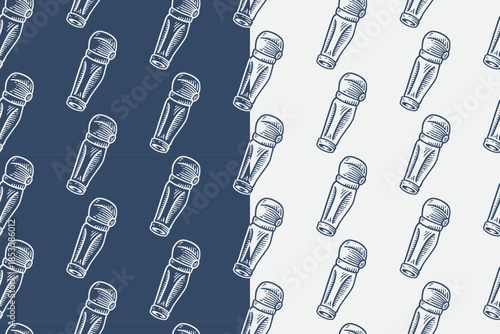Leg guard pad engraving seamless pattern on blue grey background set for merchandise. Hockey leg guard pad hatching pattern background. Goalie leg guard pad line art illustration motif wallpaper