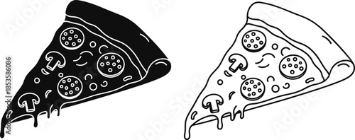 Two slices of pepperoni pizza one filled and one outlined in black