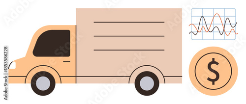Delivery truck accompanied by line graph and dollar coin symbolizing shipping, logistics, finance, business strategy, supply chain, data analysis, and economic efficiency. Ideal for simple flat