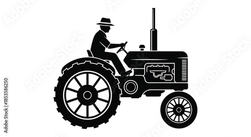 A vintage tractor with a farmer driving depicted in a striking black and white silhouette