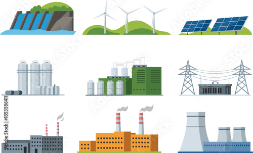 Energy generation illustration set showing renewable and industrial power plants, solar wind hydro nuclear electricity infrastructure, flat minimalist vector design