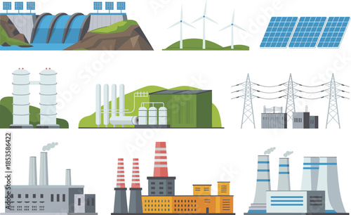 Energy generation illustration set showing renewable and industrial power plants, solar wind hydro nuclear electricity infrastructure, flat minimalist vector design