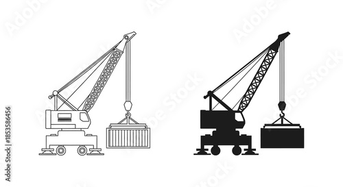 A detailed comparison of construction crane designs showcasing line art and a contrasting silhouette