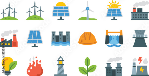 Energy production icons set showing renewable and industrial power sources, solar wind hydro nuclear electricity symbols, flat design illustration collection