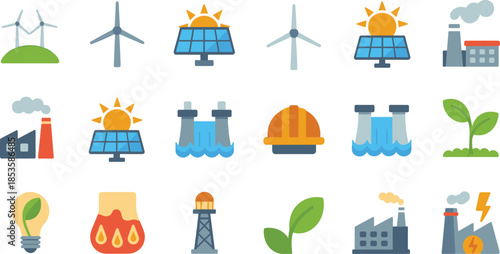 Energy production icons set showing renewable and industrial power sources, solar wind hydro nuclear electricity symbols, flat design illustration collection