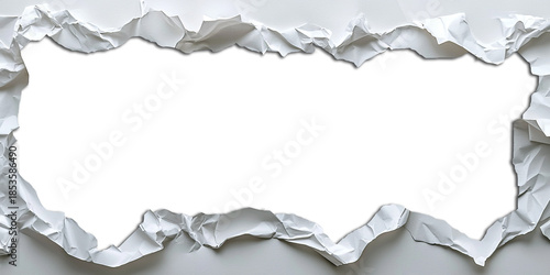 Papel blanco rasgado con un gran agujero central de bordes irregulares, mockup de papel roto con espacio para texto o imagen