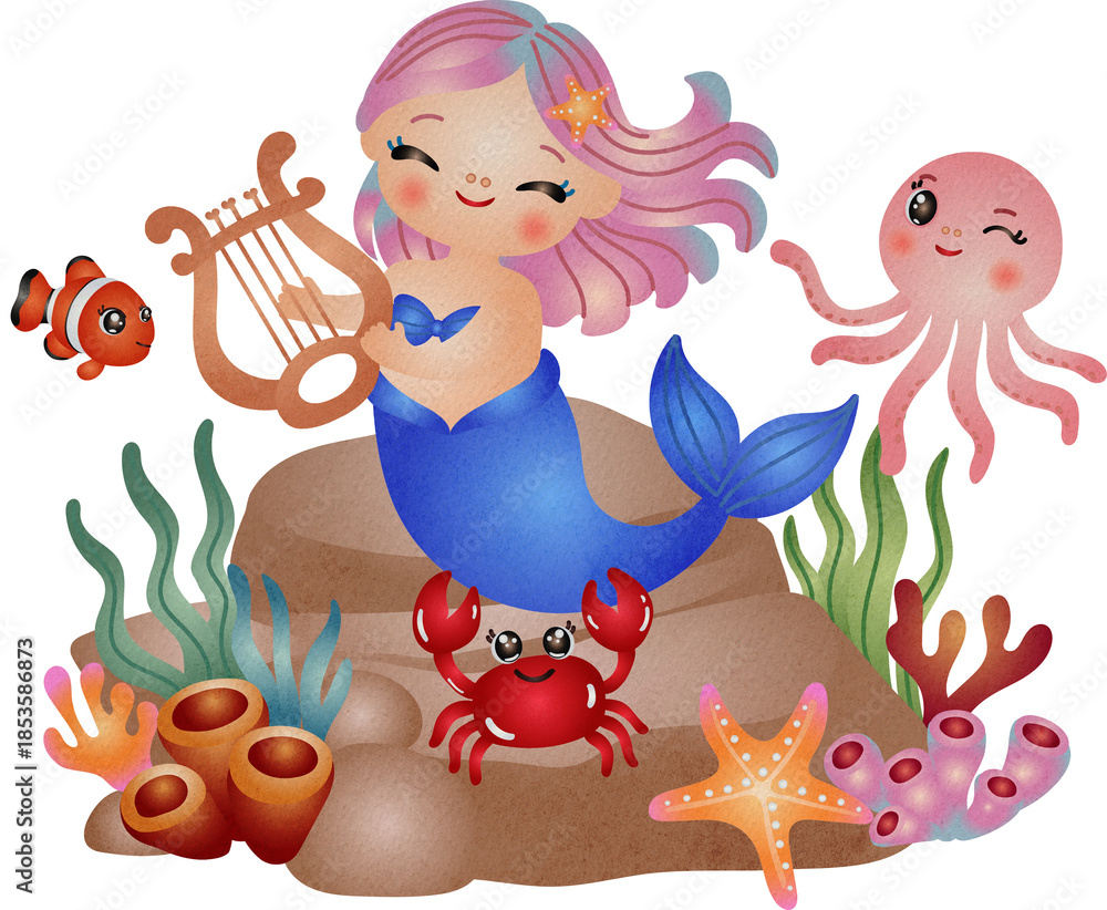 Naklejka premium Cute Mermaid with Sea Animals Watercolor Illustration
