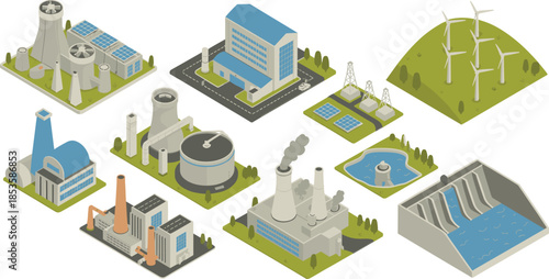 Isometric energy production illustration set featuring renewable and industrial power plants, solar wind hydro nuclear facilities, sustainable electricity infrastructure concept