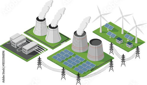 Isometric power generation illustration showing nuclear plant solar panels wind turbines and electricity grid infrastructure for renewable and traditional energy concept