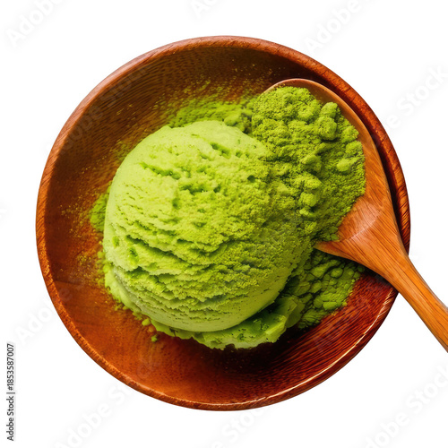 Matcha ice cream and powder in wooden bowl