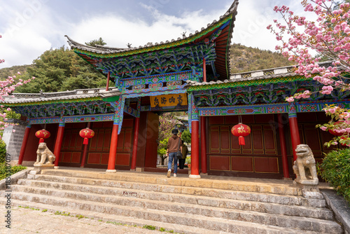 Beautiful architecture of Dongba Culture Research Institute at Black Dragon Pool Park in Lijiang Old Town, China