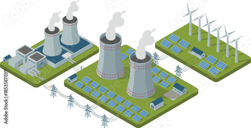 Isometric power generation illustration showing nuclear plant solar panels wind turbines and electricity grid infrastructure for renewable and traditional energy concept
