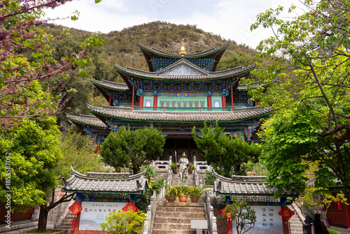 Beautiful architecture of Dongba Culture Research Institute at Black Dragon Pool Park in Lijiang Old Town, China