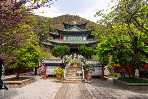 Beautiful architecture of Dongba Culture Research Institute at Black Dragon Pool Park in Lijiang Old Town, China