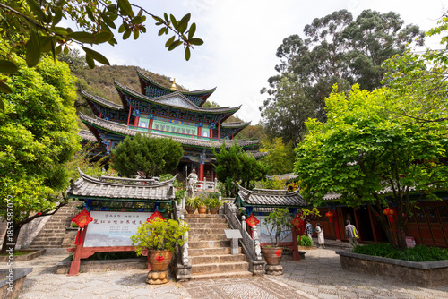 Beautiful architecture of Dongba Culture Research Institute at Black Dragon Pool Park in Lijiang Old Town, China