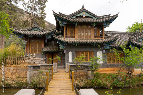 Beautiful architecture of Dongba Culture Research Institute at Black Dragon Pool Park in Lijiang Old Town, China