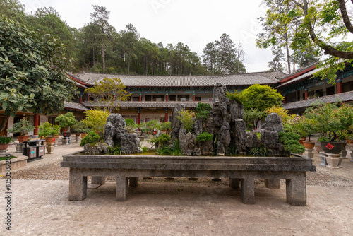 Beautiful architecture of Dongba Culture Research Institute at Black Dragon Pool Park in Lijiang Old Town, China