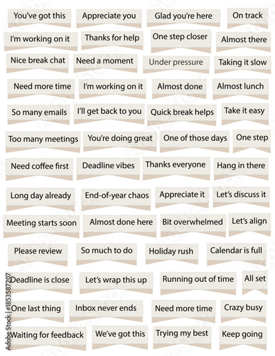 Short work and productivity phrases written on paper scraps with soft shadows, inspired by office and workplace communication