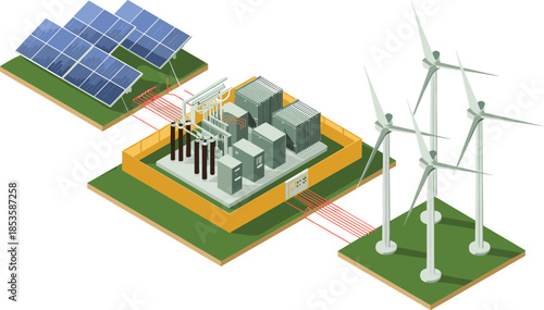 Isometric renewable energy system illustration showing solar panels wind turbines and power substation infrastructure for clean electricity generation technology